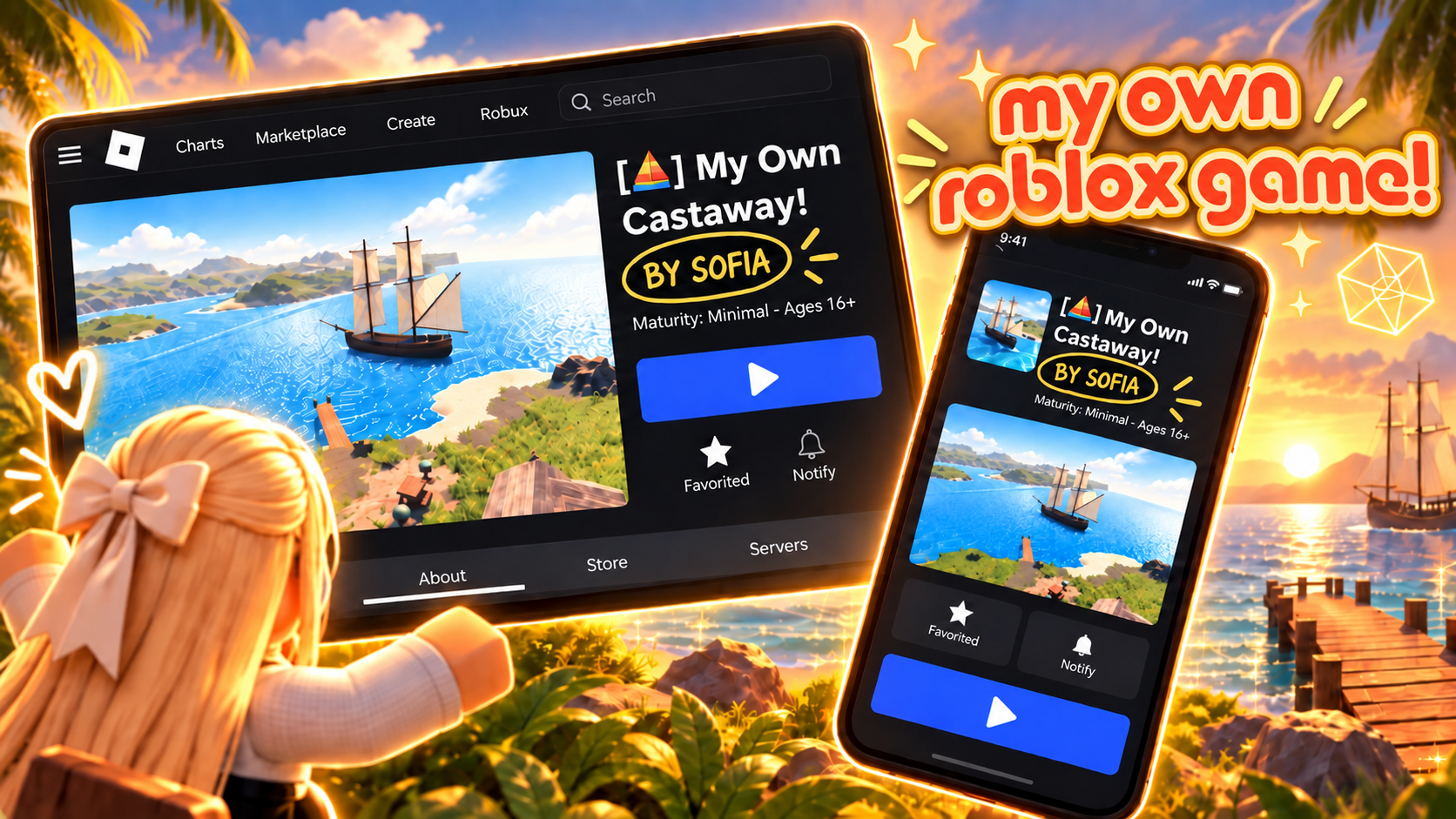 Illustrative Roblox creator celebrating her own published game on desktop and mobile, with golden building magic and example credit By Sofia