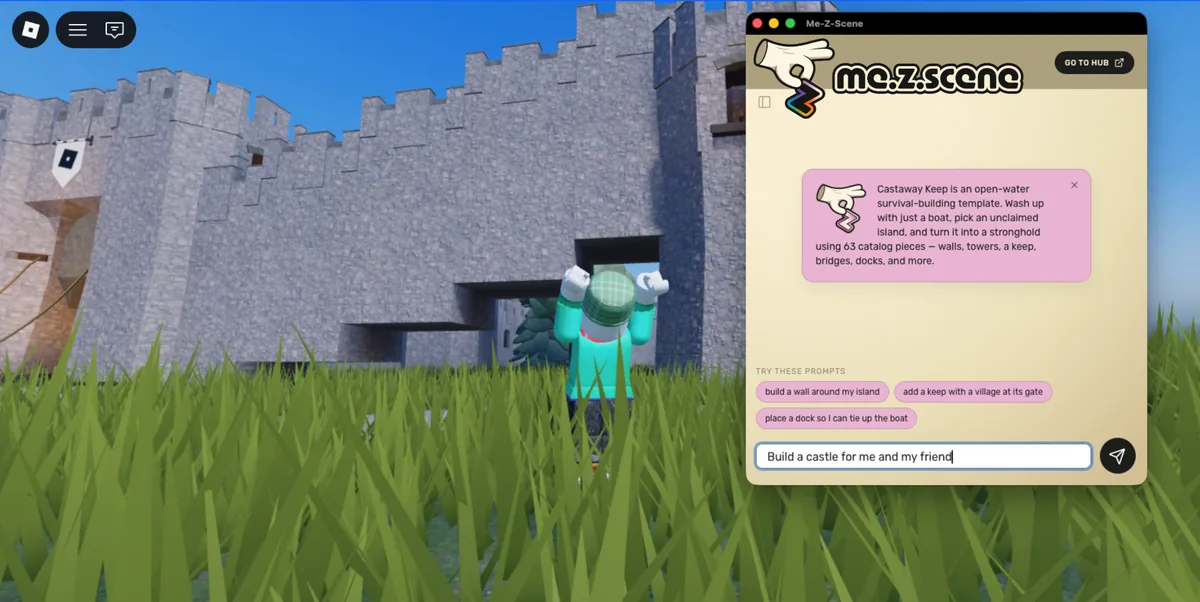 A Roblox castle world with the Me-Z-Scene chat app open beside it